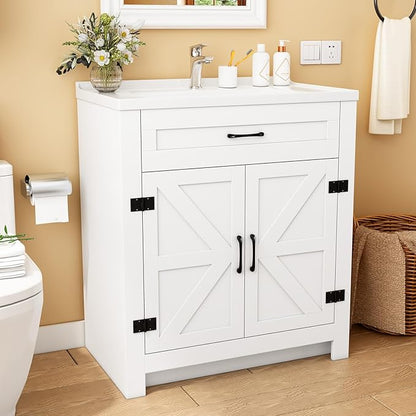 Bathroom Vanity, 24" Bathroom Vanity with Ceramic Sink, Farmhouse Bathroom Vanity Cabinet for Small Space, Freestanding Storage Cabinet with Shelf, 2 Doors, Easy Assembly