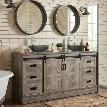 60" Barn Door Bathroom Vanity with 6 Drawers and Two Doors, Farmhouse Style Standing Pedestal Cabinet with Two Grey Glass Vessel Sinks