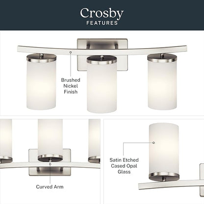 Kichler Crosby 23" Vanity Light in Brushed Nickel, 3-Light Contemporary Bathroom Light with Satin Etched Cased Opal Glass, (23" L x 8.75" H), 45497NI