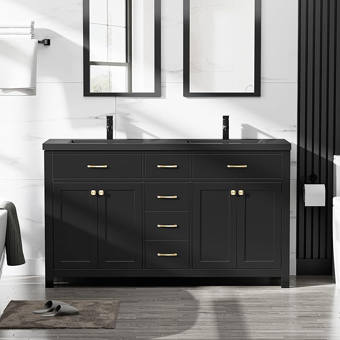 LUCKWIND 60" Bathroom Vanity and Sink Combo, Painted Modern Bathroom Storage Cabinet with Double Black Sink, Four Doors and Three Drawers, Include Faucet, Without Mirror, Black