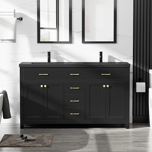 LUCKWIND 60" Bathroom Vanity and Sink Combo, Painted Modern Bathroom Storage Cabinet with Double Black Sink, Four Doors and Three Drawers, Include Faucet, Without Mirror, Black
