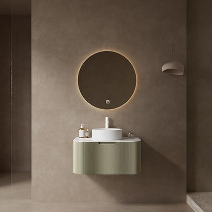 Yayzy 30" Floating Bathroom Vanity with Sink, Solid Wood Fluted Cabinet, White Round Ceramic Basin & Faux Marble Top, Soft-Close Drawer, Pre-Assembled, Light Green