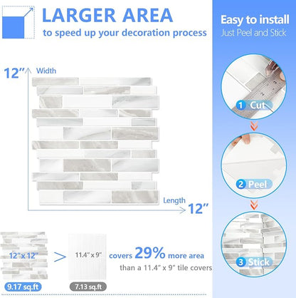 STICKGOO Thicker Design Peel and Stick Tile Backsplash, 12”×12” Stick on Backsplash for Kitchen, Self Adhesive Tile Stickers for Kitchen Backsplash and Bathroom(10 Sheets, Glossy Beige Gray White)