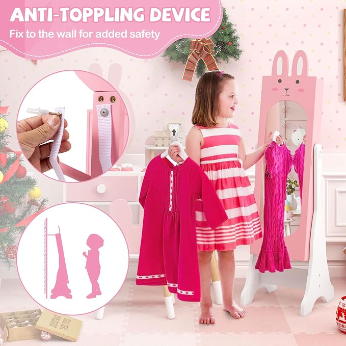 HONEY JOY Kids Jewelry Armoire Cabinet, Rabbit Themed Wooden Standing Jewelry Organizer w/Full-length Mirror and Storage Drawers, Children Dress Up Jewelry Cabinet for Little Girls (Pink)