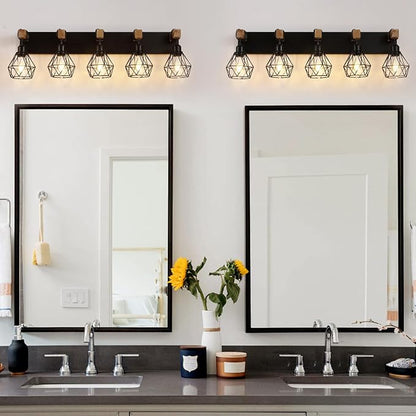 Farmhouse Vanity Light for Bathroom, 5-Light Wood Bathroom Vanity Light Fixtures Over Mirror, Rustic Sconces Wall Lighting with Metal Lampshade for Living Room, Bedroom, Hallway