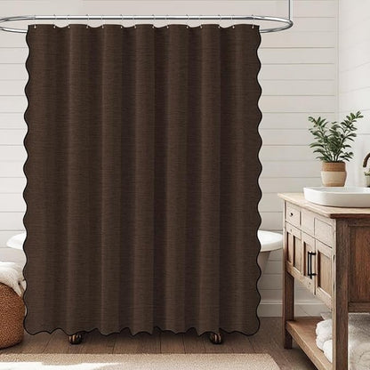 BTTN 84x72 Boho Scalloped Linen Textured Cloth Shower Curtain Set, Brown | Wide Size, 230GSM Waterproof Polyester, Heavy Duty Fabric, 14 Plastic Hooks, Elegant Modern Farmhouse Style, Machine Washable