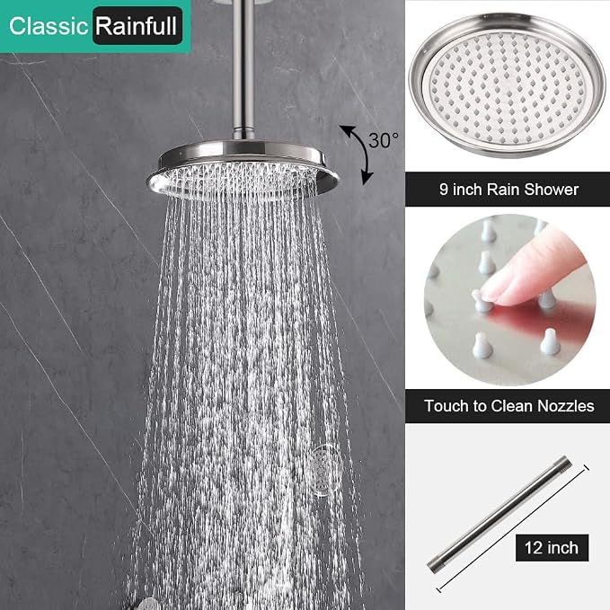 Dual Rain Shower Head System with Handheld Antique Faucet Set | Brushed Nickel Finish, Multi-layer Plating, Vintage Rainfall, 3 Way Diverter Brass Valve with Trim Kit, Easy Install