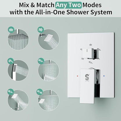 Shower Faucet Set Shower System - SR SUN RISE Polished Chrome Shower Trim Kit with Dual Shower Head, 12'' Ceiling Rainfall 6'' Wall Mount with Handheld Shower for Couples, Complete 6 Diverter Valve