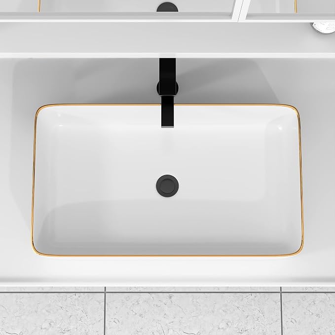Vessel Sink Rectangular For Bathroom - Fulorni 24"x14" White Bathroom Vessel Sink with Gold Rim Above Counter Rectangle Vanity Lavatory Bath Sink Basin