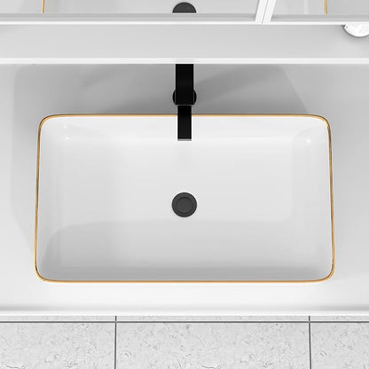 Vessel Sink Rectangular For Bathroom - Fulorni 24"x14" White Bathroom Vessel Sink with Gold Rim Above Counter Rectangle Vanity Lavatory Bath Sink Basin