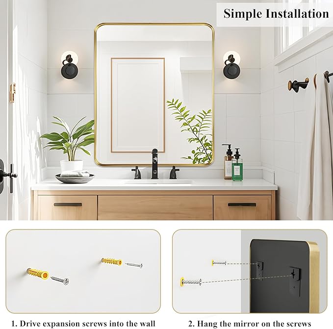 Fabuday Gold Bathroom Mirror - 30x36 Inch Over Sink Wall Mirrors for Bathroom, Rectangle Vanity Mirror for Bedroom, Living Room, Entryway, Horizontal or Vertical Hanging