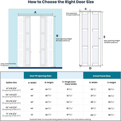 SMARTSTANDARD Bifold Door for 72" x 80-3/4" Opening, Tempered Frosted Glass | Closet Folding Doors with Hardware kit Included, White, Water-Proof PVC Surface, Easy Install, Space-Saving