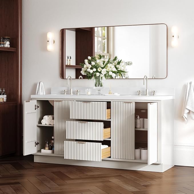 ARIEL Milan 72-inch Bathroom Vanity with Sink,Solid Wood, 1.5-inch Pure White Quartz Countertop & Backsplash, Double Rectangular Porcelain Sink, 4 Soft Closing Doors, 3 Dovetail Drawers, Warm White