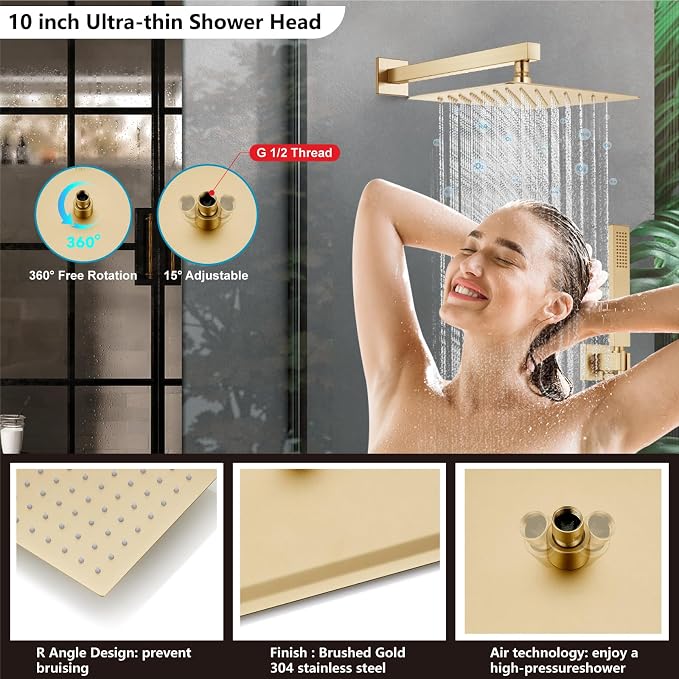 Midanya Shower Faucet Set with Handheld Sprayer,10 Inch,Brushed Gold | Rough-in Shower Valve and Trim Kit Included,Square Rain Head,Wall Mount Shower System,All Metal,Bathroom