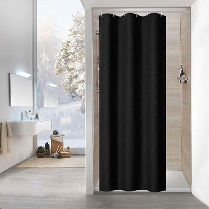 MitoVilla Black Waffle Small Stall Shower Curtain 36 x 72, Half Size Shower Curtain, Farmhouse Fabric Narrow Shower Curtains for Bathroom Decor, 36 inch Weighted Shower Curtain Set