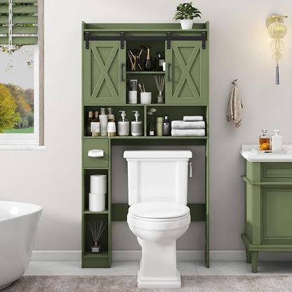 Vabches Over The Toilet Storage Cabinet with Sliding Doors, Green | Farmhouse Storage Cabinet Over Toilet, Home Space-Saving Toilet Rack, Toilet Paper Holder Stand,for Restroom,Bathroom,Laundry