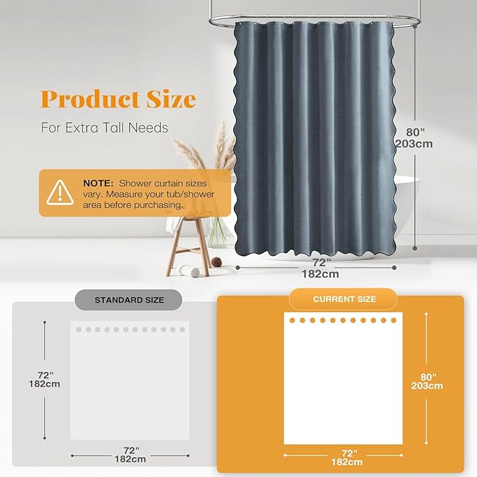 BTTN Long Shower Curtain, 80 Inch Boho Scalloped Linen Textured Heavy Duty Fabric Shower Curtain Set with 12 Hooks, Tall Modern Farmhouse Waterproof Cloth Shower Curtain for Bathroom, 72x80, Blue Grey