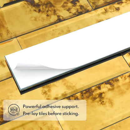 Peel and Stick Beveled Gold Antique Mirror Tile Subway Mirror Glass Backsplash 3x12 Inch for Kitchen Bathroom Wall