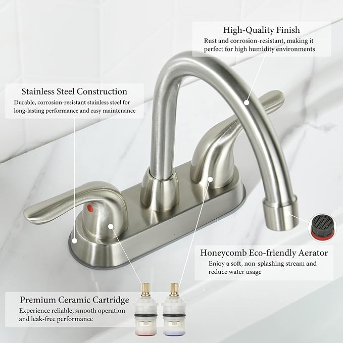 Bathroom Sink Faucets, 4 Inch, 2 Handle Centerset, Pop-up Drain Stopper, Supply Hoses (4-inch Centerset Faucet, Brushed Nickel)