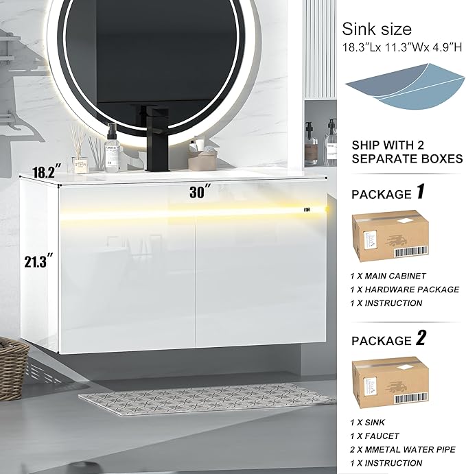 AHB 30 inch Bathroom Vanity W/Sink Combo, High Gloss Bathroom Cabinet, Smart Wall Mounted Sink Cabinet Auto Motion Sensor LED Light, Modern Floating Vanity with Faucet