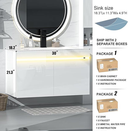 AHB 30 inch Bathroom Vanity W/Sink Combo, High Gloss Bathroom Cabinet, Smart Wall Mounted Sink Cabinet Auto Motion Sensor LED Light, Modern Floating Vanity with Faucet
