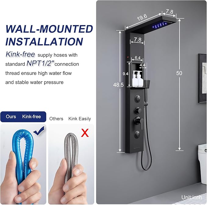 ROVATE Matte Black LED Rainfall Waterfall Shower Panel Tower System with Shelf - Powerful Stainless Steel Shower Column with Mist and Massage Body Jets, Handheld, Waterfall Tub Spout