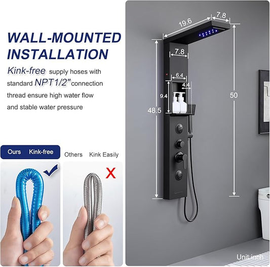 ROVATE Matte Black LED Rainfall Waterfall Shower Panel Tower System with Shelf - Powerful Stainless Steel Shower Column with Mist and Massage Body Jets, Handheld, Waterfall Tub Spout