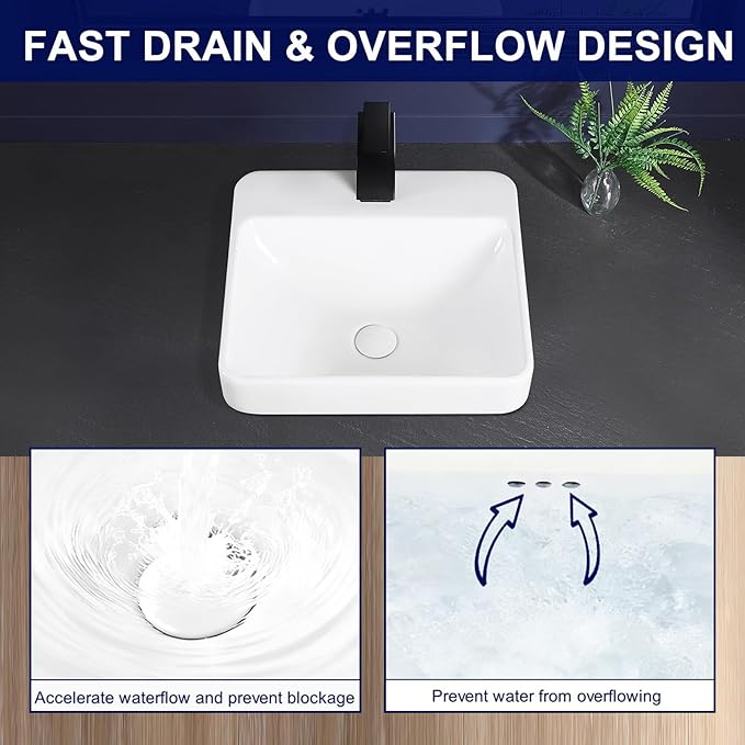 Vessel Sink 18"x18" Semi Recessed Bathroom Sink Drop-in White Bathroom Sink Porcelain Ceramic Modern Rectangular Sinks Drop-in Vanity Sinks with Overflow for Bathrooms