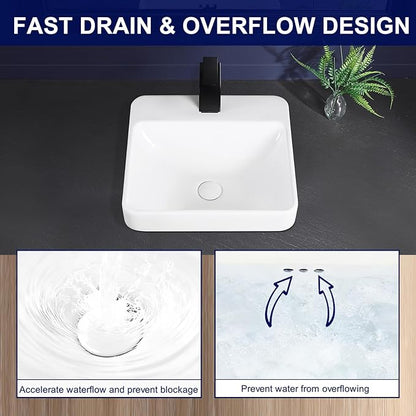 Vessel Sink 18"x18" Semi Recessed Bathroom Sink Drop-in White Bathroom Sink Porcelain Ceramic Modern Rectangular Sinks Drop-in Vanity Sinks with Overflow for Bathrooms