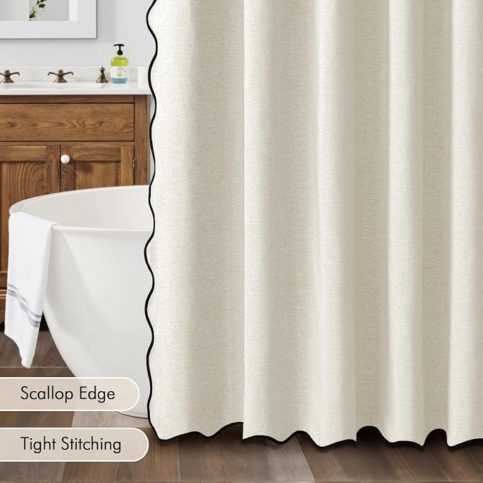 MIULEE 72"x84" Extra Long Scalloped Linen Shower Curtain Birch | Linen Textured, Waterproof, Washable, 12 Metal Hooks, Heavy Duty Cloth, Black Border, Shower Curtain for Bathroom Bathtub
