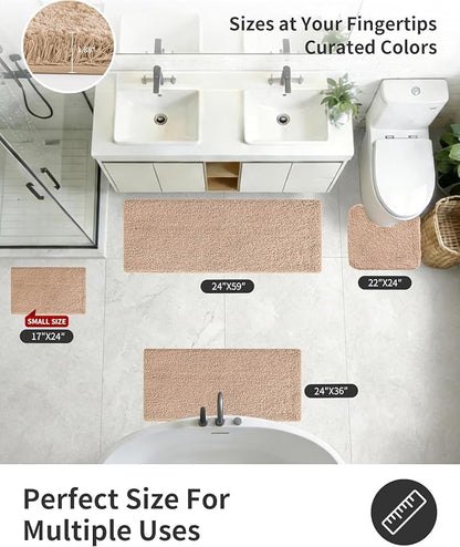 ILANGO Beige Bathroom Rugs 48" × 24" Non Slip & Super Absorbent Extra Thick Soft, Washable Bath Mat for Floor, Microfiber Plush Shaggy Bath Rug with Rubber for Bathtub Shower Room Sink