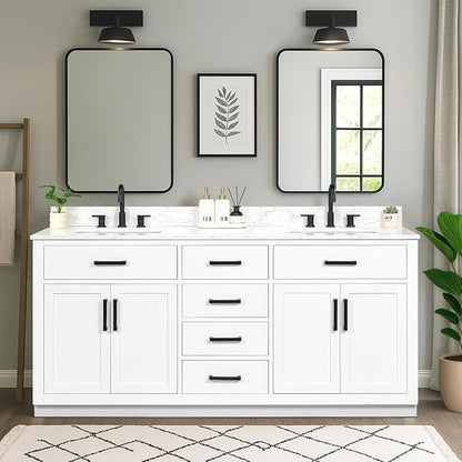 72-inch White Bathroom Vanity with 2 Sinks, Solid Wood, 0.79-inch Stone Countertop and Backsplash, 6 Drawers, 2 Soft Closing Doors