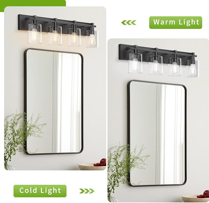 Bathroom Vanity Light,4 Light Matte Black Light Fixture with Thickened Clear Glass Shade, 30 inch Modern Wall Sconce, Bathrooms Vanity Light Over Mirror for Bathroom