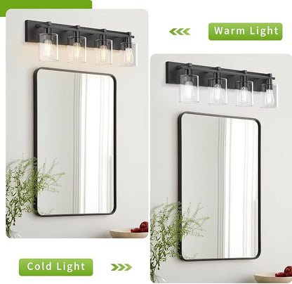 Bathroom Vanity Light,4 Light Matte Black Light Fixture with Thickened Clear Glass Shade, 30 inch Modern Wall Sconce, Bathrooms Vanity Light Over Mirror for Bathroom
