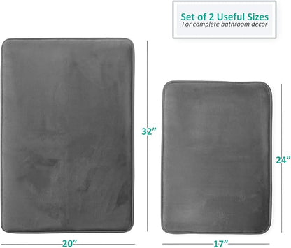 Clara Clark 2 Piece Bathroom Rugs Bath Mat Set, Velvet Memory Foam Bath Mats for Bathroom - Non-Slip, PVC Backing Bath Rugs, Washable - Dries Quickly, Grey