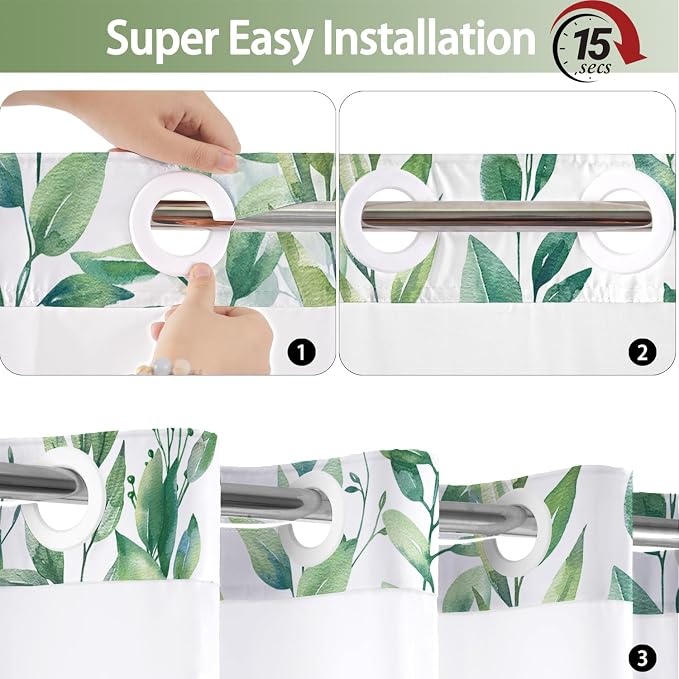 No Hook Shower Curtain and Liner Set, Light Green Eucalyptus 71x84 | Floral Design, with Snap in Liner, See-Through Top Window, Waterproof, Machine Washable, Quick-Drying, for Hotel Bathroom