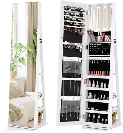 CHARMAID Swivel Jewelry Armoire with Full-Length Mirror & Lighted Makeup Mirror, 360° Rotating Jewelry Cabinet Organizer for Earrings, Rings, Necklaces, Bracelets, Back Storage Shelves (White)