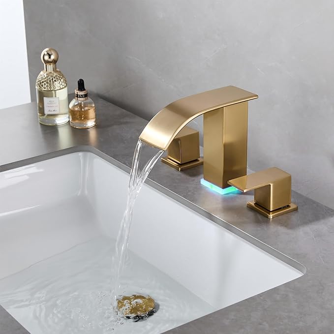 Bathroom faucets 3 Hole Widespread Modern Gold Faucet Sink Faucet 8 inch 3 Hole Vanity Bathroom with Pop Up Drain (Brushed Gold)