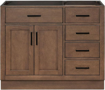 ARIEL Hepburn 42-inch Bathroom Vanity Base Cabinet,Solid Wood, 2 Soft Closing Doors, 5 Dovetail Drawers, Brown Oak