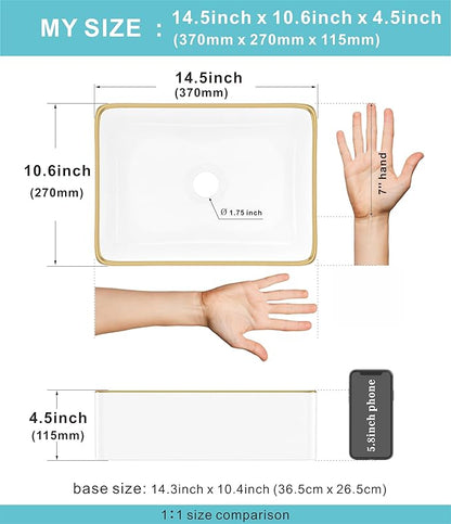 J-FAMILY 14.5'' x 10.6'' Small Vessel Sink Bathroom Above Counter White Porcelain Ceramic Rectangular Sink Bowl Gold Trim Decoration Small Vanity Sink Lavatory Wash Basin