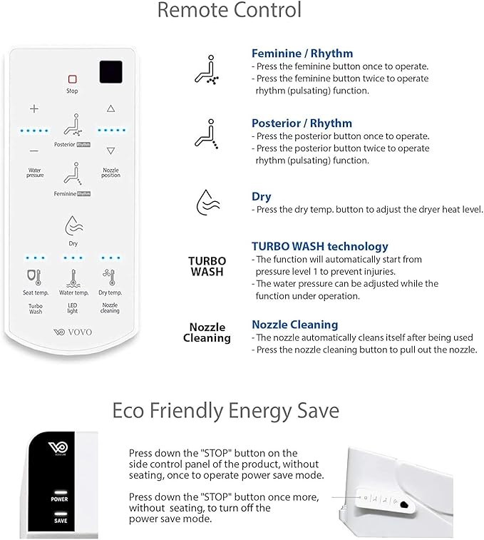 VOVO VB-6100SR Round Bidet Toilet Seat, Warm Water, LED Light, Heated Seat, White, Dryer, Stainless Steel Nozzle, Made in Korea