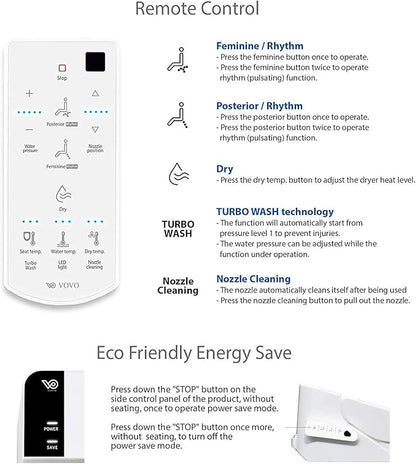 VOVO VB-6100SR Round Bidet Toilet Seat, Warm Water, LED Light, Heated Seat, White, Dryer, Stainless Steel Nozzle, Made in Korea