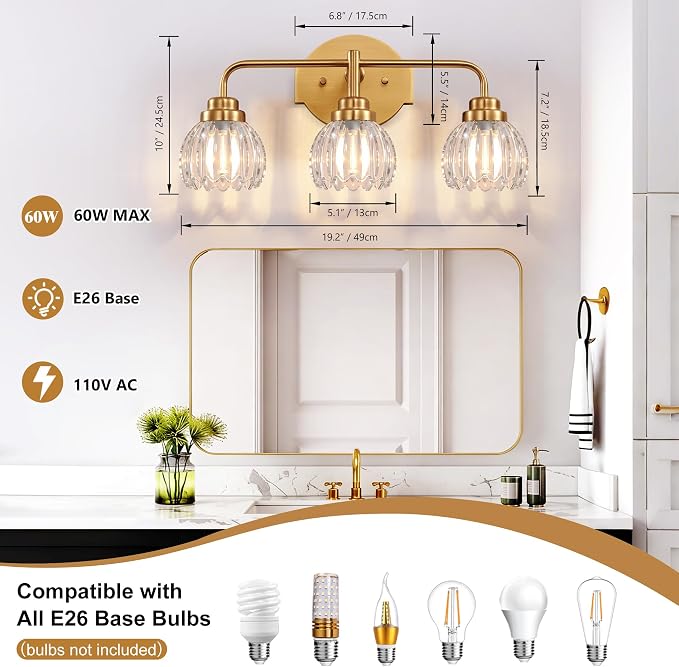 Vintage Bathroom Vanity Light, 3 Light Brushed Gold Fixture Over Mirror | Vintage Vanity Light, Brushed Gold Metal & Crystal Glass Shade, 3 Light Fixture Over Mirror for Bathroom Bedroom