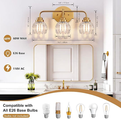 Vintage Bathroom Vanity Light, 3 Light Brushed Gold Fixture Over Mirror | Vintage Vanity Light, Brushed Gold Metal & Crystal Glass Shade, 3 Light Fixture Over Mirror for Bathroom Bedroom