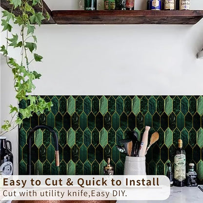 funlife Holographic Emerald Art Deco Peel and Stick Backsplash Self-Adhesive PVC Wall Tiles Easy DIY with Tools for Kitchen Bathroom and Laundry Room 5.9"x5.9"x10-Sheet Hex Emerald