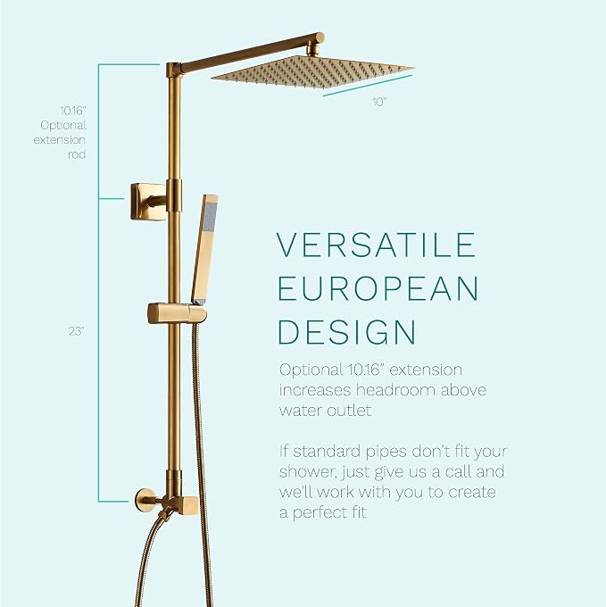 Polaris Lux Rain Shower System, includes 10” Square Rainfall Shower Head and Handheld Shower Combo, Height Adjustable Spray Holder, Retrofit, 60” Hose (2.5 GPM Brushed Gold)