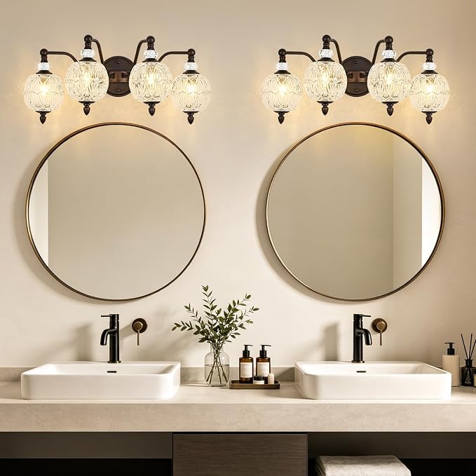 Vintage Bathroom Vanity Light, 4-Light Mid Century Oil Rubbed Bronze Finish Wall Sconce with Globe Glass Shades, Retro Mirror Light for Bathroom, Powder Room
