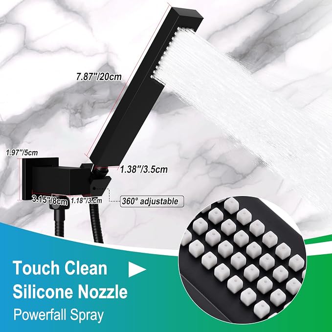 ENGA Square Matte Black Solid Brass Eco-Performance Hand Held Shower Head with Wall Connector and Hose Wall Mount Handheld Showerheads Set