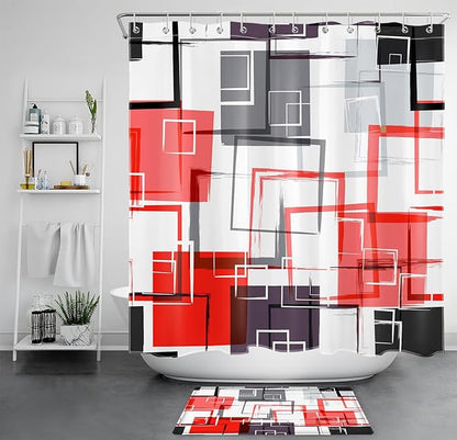 Abstract Geometric Red Shower Curtain Sets with Rugs, Gray Black and White Geometric Textured Bathroom Curtain Polyester Fabric Bathroom Decoration Shower Curtain Set,70L X 70W Inches