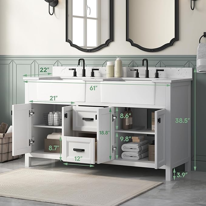 60 Inch White Bathroom Vanity with Double Sink, Farmhouse Bathroom Vanities Cabinet with Soft Closing Doors & Dovetail Drawers, Vanity for Bathroom with Apron Farm Sink, Adjustable Feet